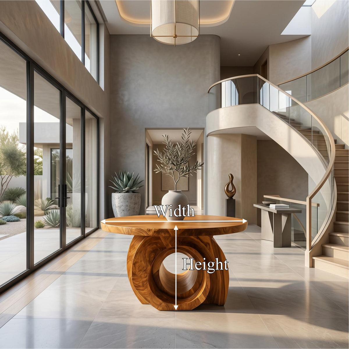 Modern Round Foyer Table, Sculptural Ring Pedestal Solid Wood Entryway & Hallway Accent Table