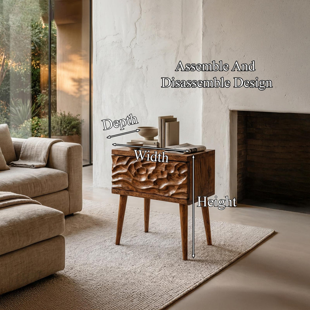 Mid-Century Modern Side Table, Carved Wood Drawer End Table & Bedside Nightstand for Bedroom