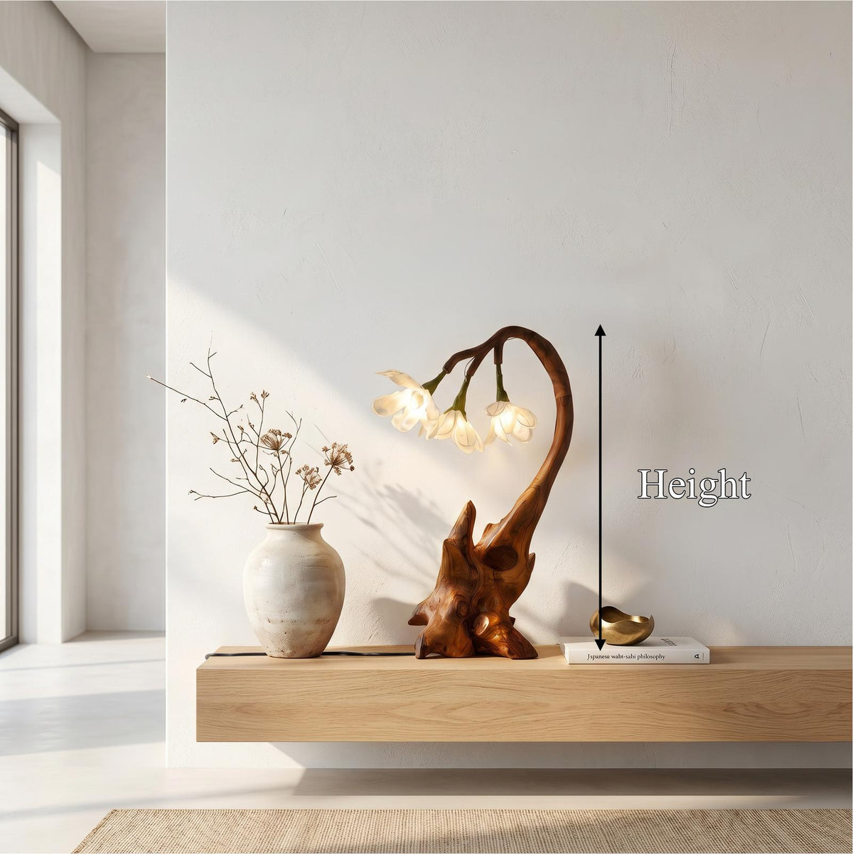 Modern Floral Table Lamp With Sculptural Wood Base For Living Room