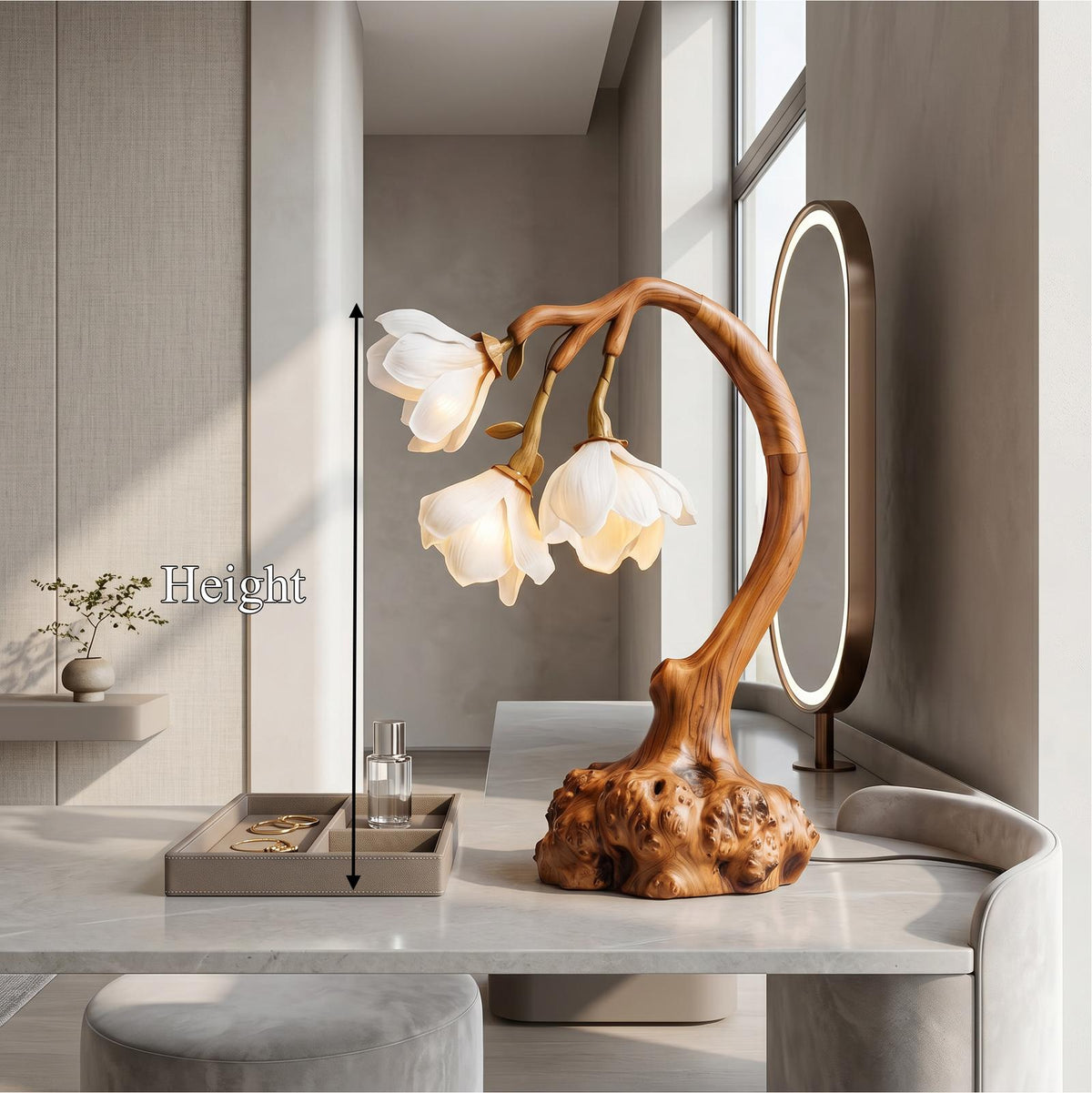 Minimalist Floral Table Lamp, Organic Solid Wood Base Bedside Accent Light for Living Room and Bedroom