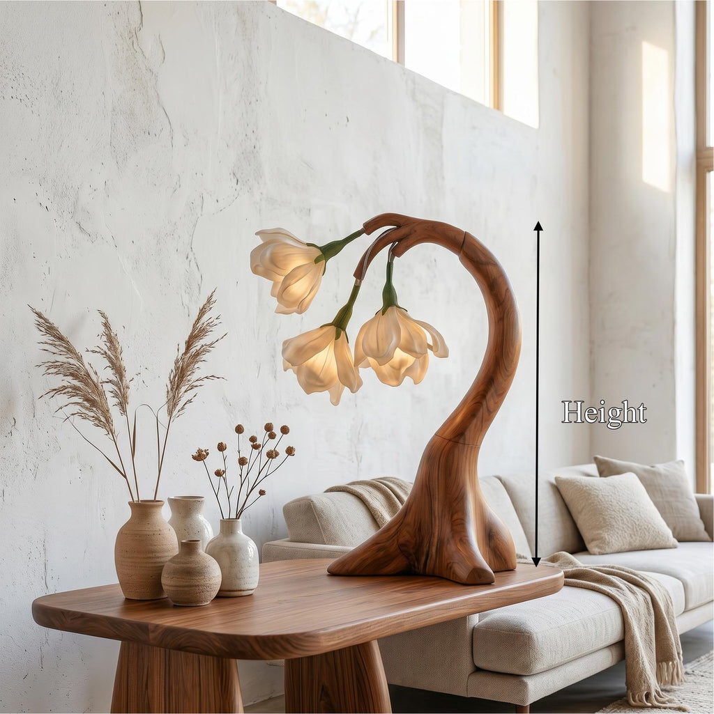 Modern Floral Table Lamp with Sculptural Curved Wood Base, Elegant Bedside Desk Nightstand Reading Light