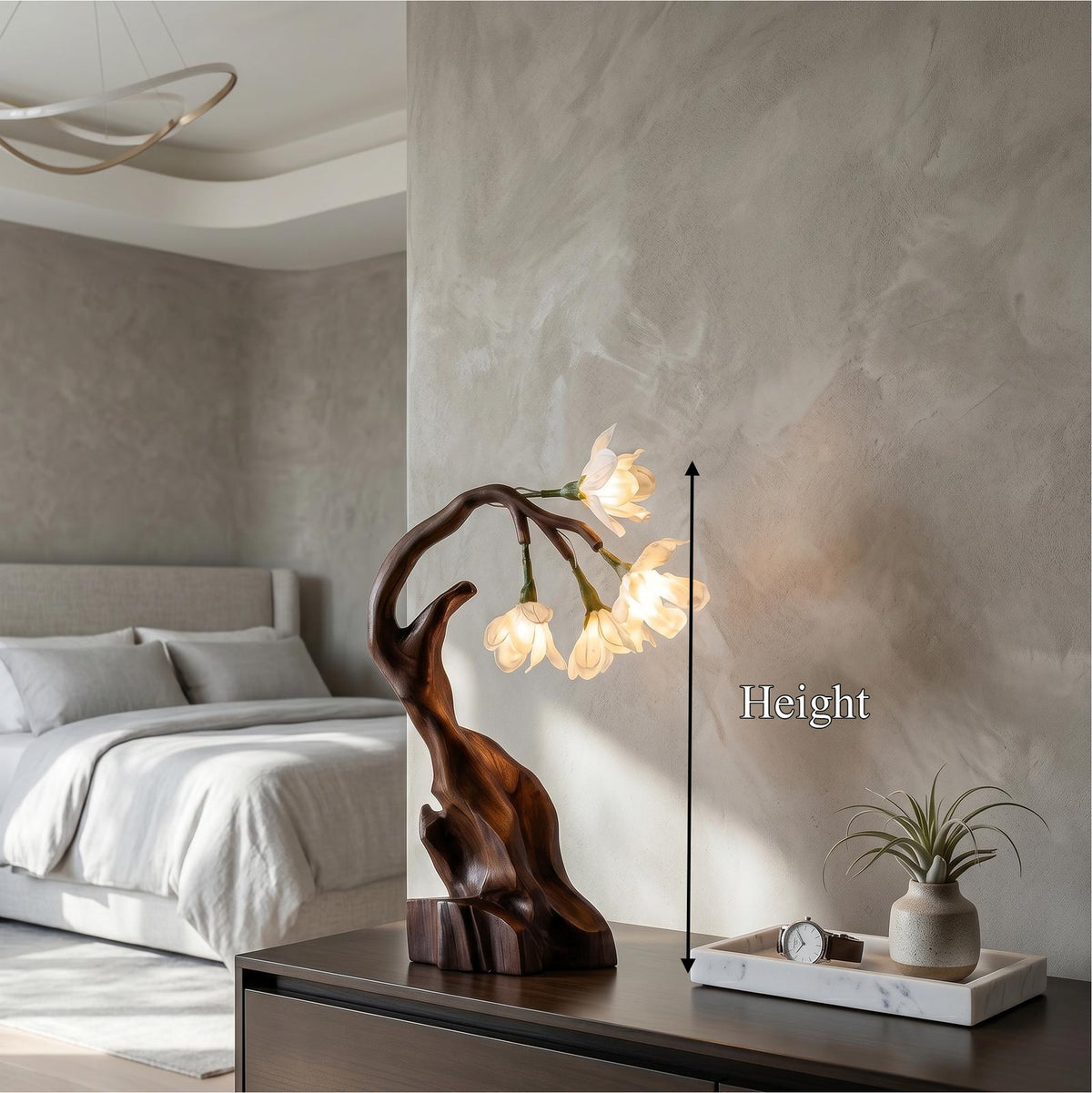 Luxury Floral Table Lamp with Sculptural Driftwood Base, Handcrafted Wooden Bedside Desk Light for Bedroom
