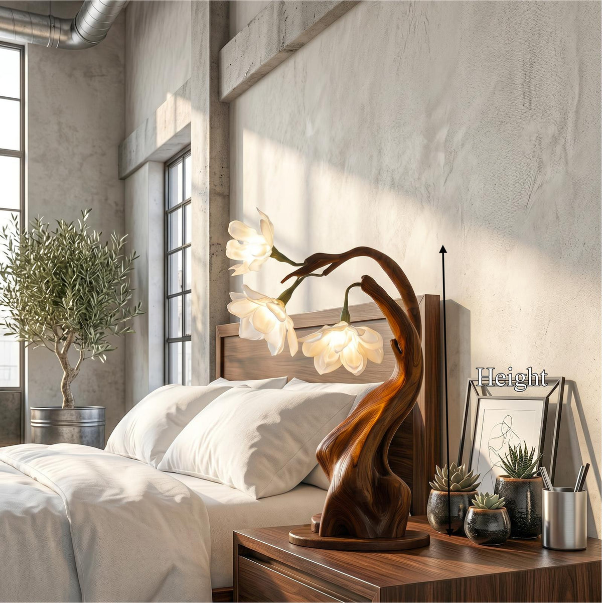 Contemporary Floral Table Lamp with Twisted Solid Wood Base, Elegant Bedside Desk Nightstand Light For Living Room
