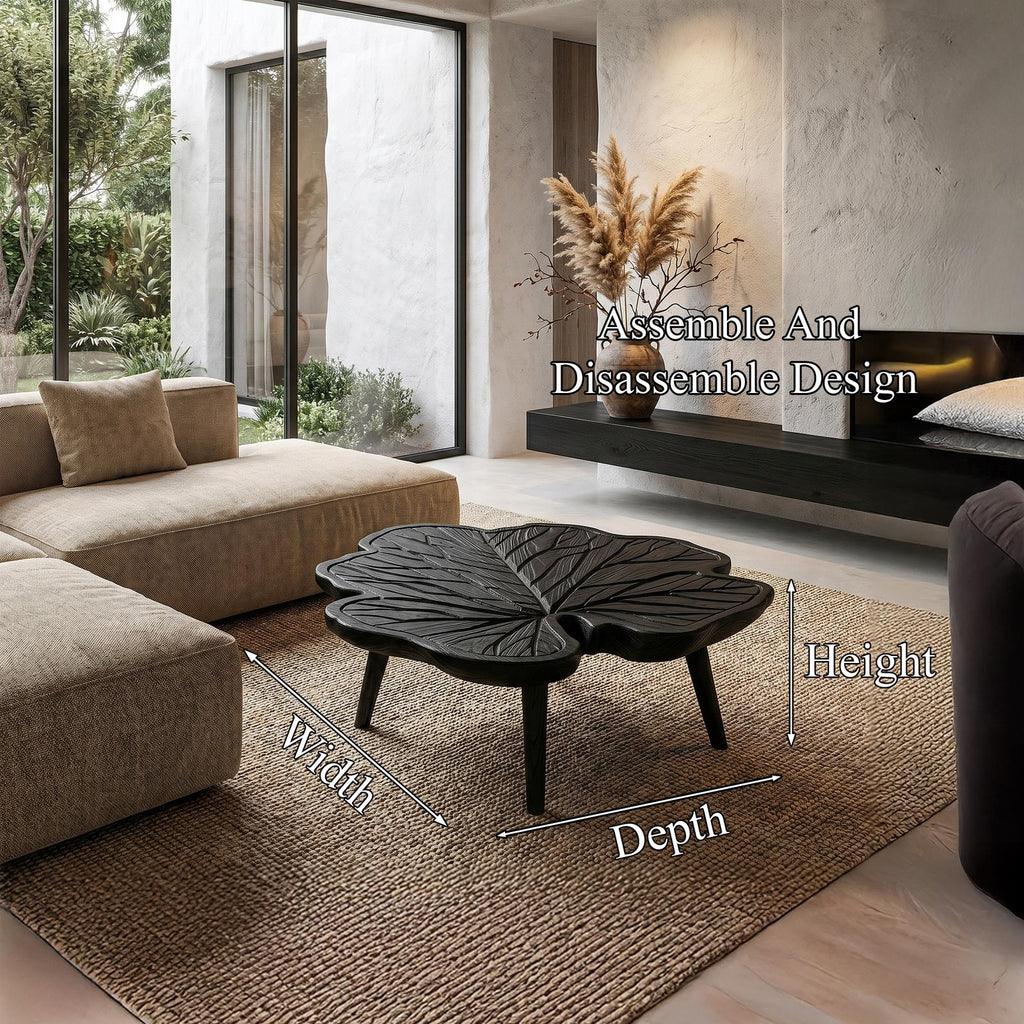 Rustic Leaf Coffee Table, Hand Carved Solid Wood Botanical Shaped Cocktail Center Table for Living Room