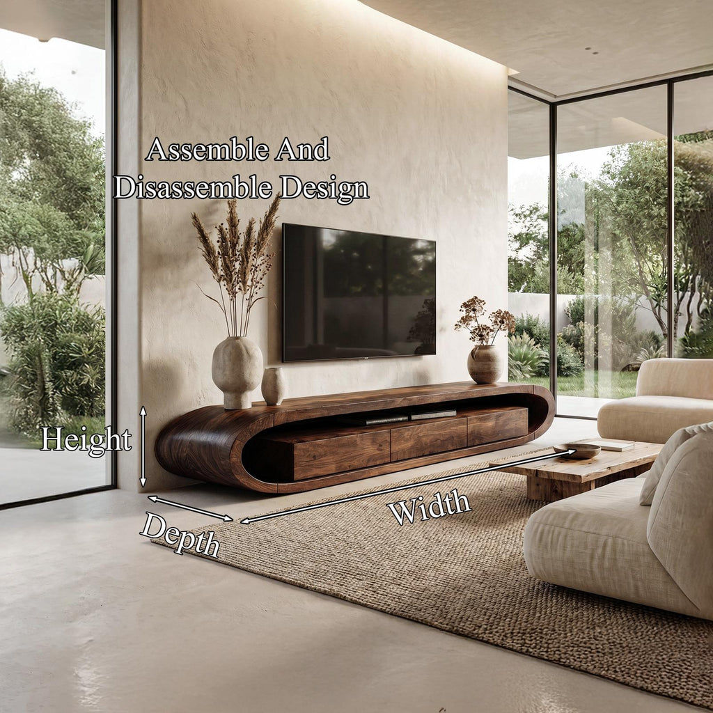 Organic TV Cabinet, Curved Solid Wood Media Console Table with Built-in Drawer Storage for Living Room