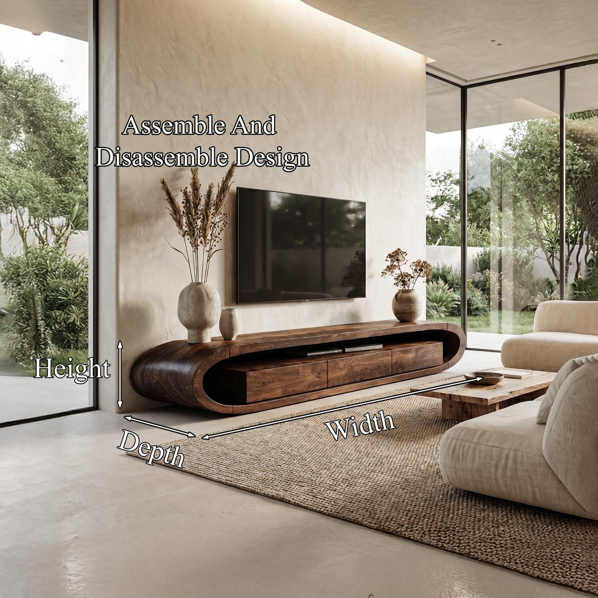 Organic TV Cabinet, Curved Solid Wood Media Console Table with Built-in Drawer Storage for Living Room