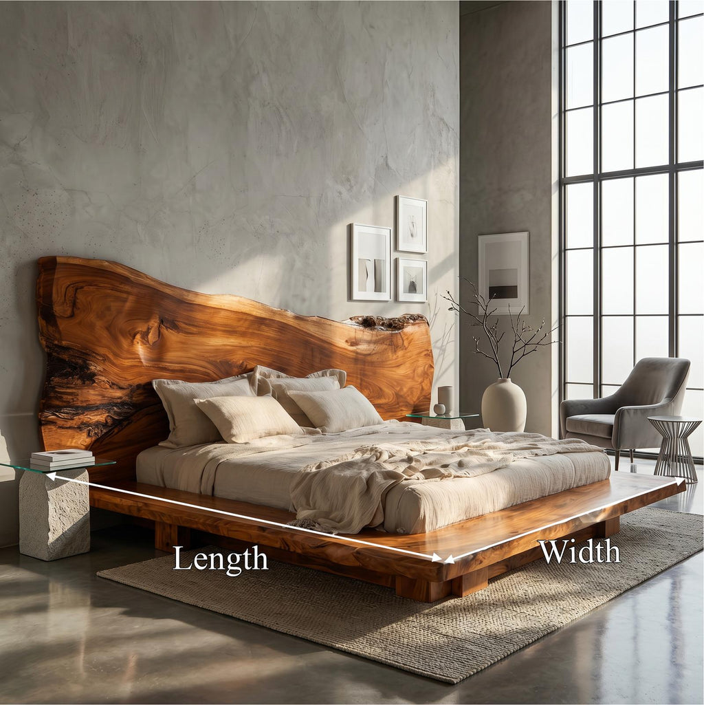 Japandi Bed Frame, Handcrafted Solid Wood Platform Bed Frame with Minimalist Headboard, King Queen Bedroom Furniture