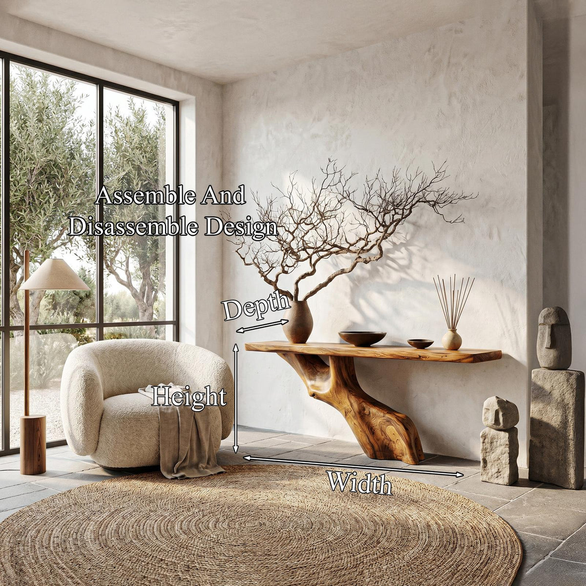 Tree Inspired Console Table, Rustic Live Edge Wood Top Slab with Natural Tree Root Base for Hallway & Foyer