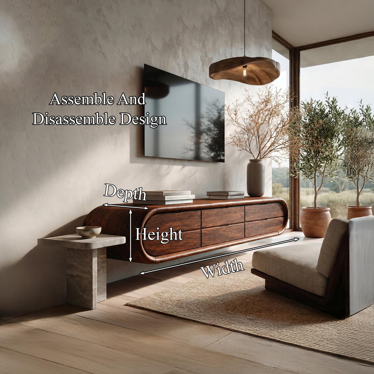 Organic Floating TV Cabinet, Sculptural Curved Solid Wood Wall Mounted Media Console Shelf for Living Room