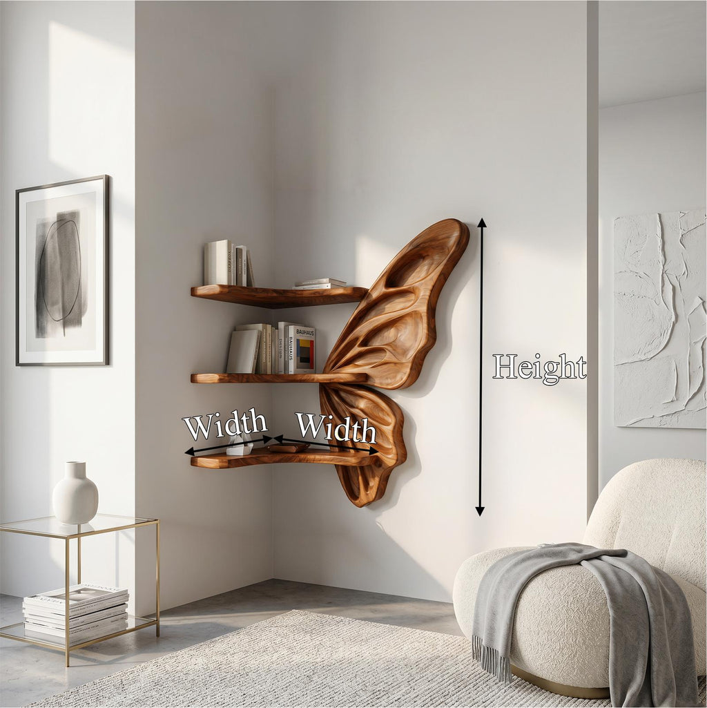 Organic Butterfly Wooden Wall Shelf, Handcrafted Floating Display Tiered Rack for Nursery, Bedroom & Living Room Decorative Storage