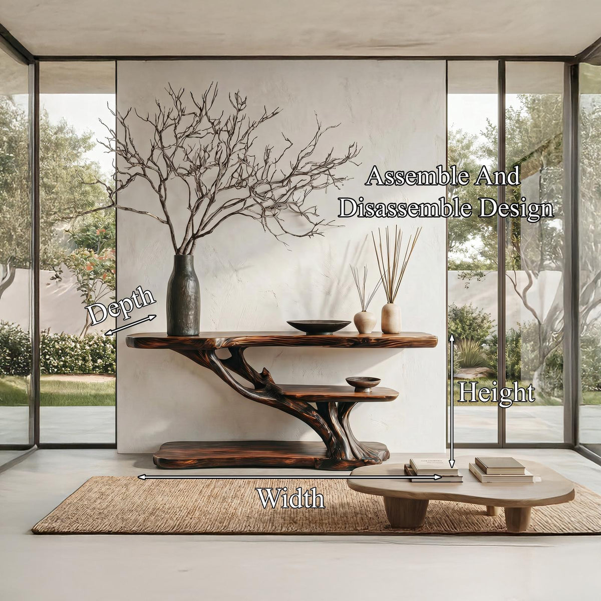 Organic Sculptural Console Table with Handcrafted Solid Wood Base for Entryway, Hallway, & Living Room Accent