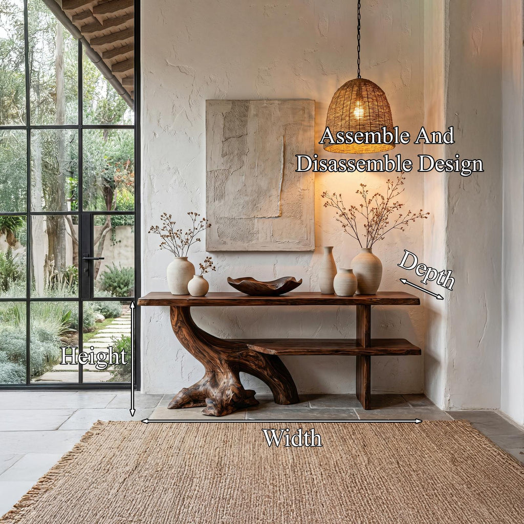 Organic Wood Console Table with Sculptural Tree Branch Base, Rustic Entryway & Living Room Accent Foyer Table
