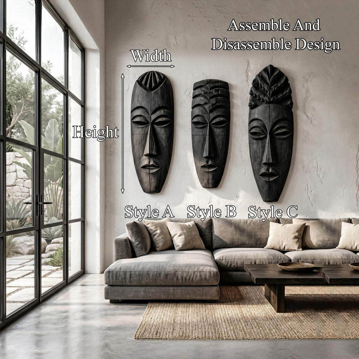 Tribal Wooden Wall Art Set, Hand-Carved African Mask Design Wooden Plaque for Entryway & Living Room