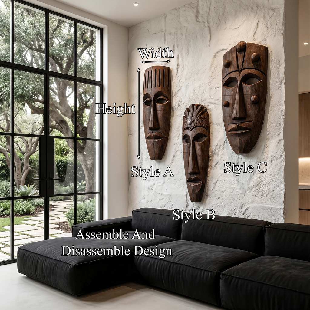 Hand-Carved Wooden Wall Art Set, Tribal Mask Decorative Wood Hanging Sculptures for Living Room & Entryway
