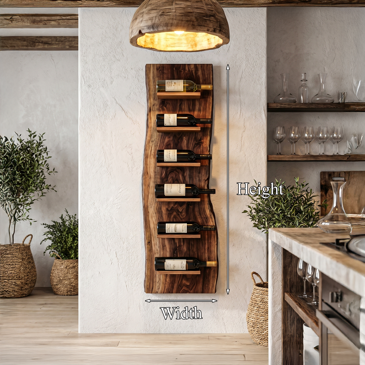 Organic Wall Mounted Wine Rack, Handcrafted Natural Wood Hanging Bottle Holder for Kitchen & Bar