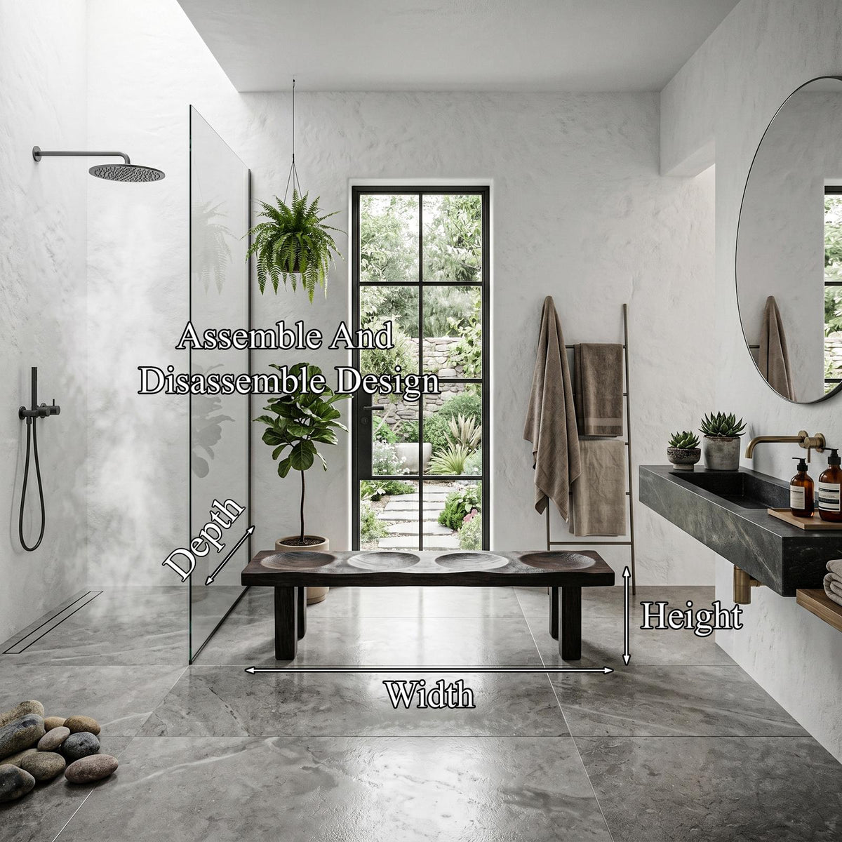 Modern Organic Wood Shower Bench, Handcrafted Waterproof Spa Bath Seat Stool for Luxury Bathroom Wet Room
