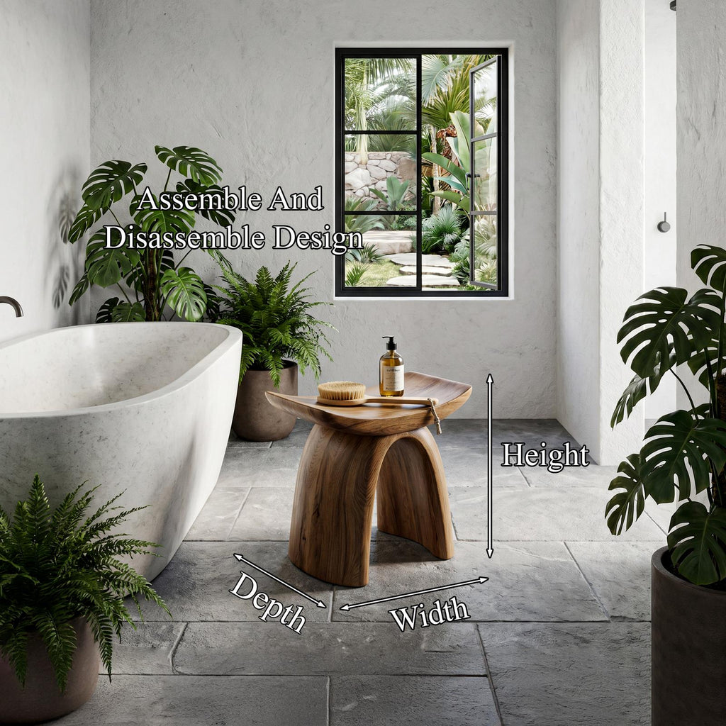 Organic Modern Solid Wood Shower Stool, Sculptural Base Waterproof Bath Seat Bench for Luxury Bathroom Spa
