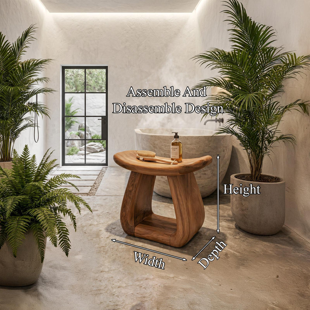 Organic Solid Wood Bath Stool, Handcrafted Pedestal Waterproof Shower Seat for Bathroom Spa and Vanity Decor
