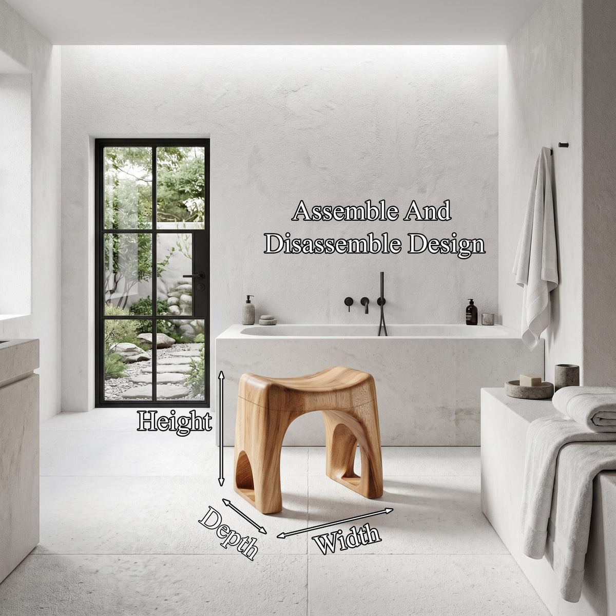 Minimalist Solid Wood Bathroom Stool, Organic Waterproof Spa Shower Bench Seat for Luxury Bathroom Decor