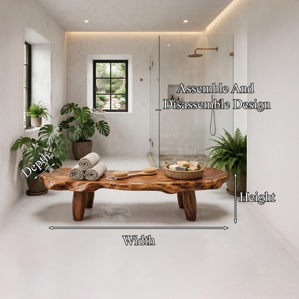 Organic Live Edge Solid Wood Shower Bench, Waterproof Spa Bath Seat Stool for Luxury Bathroom and Wet Room