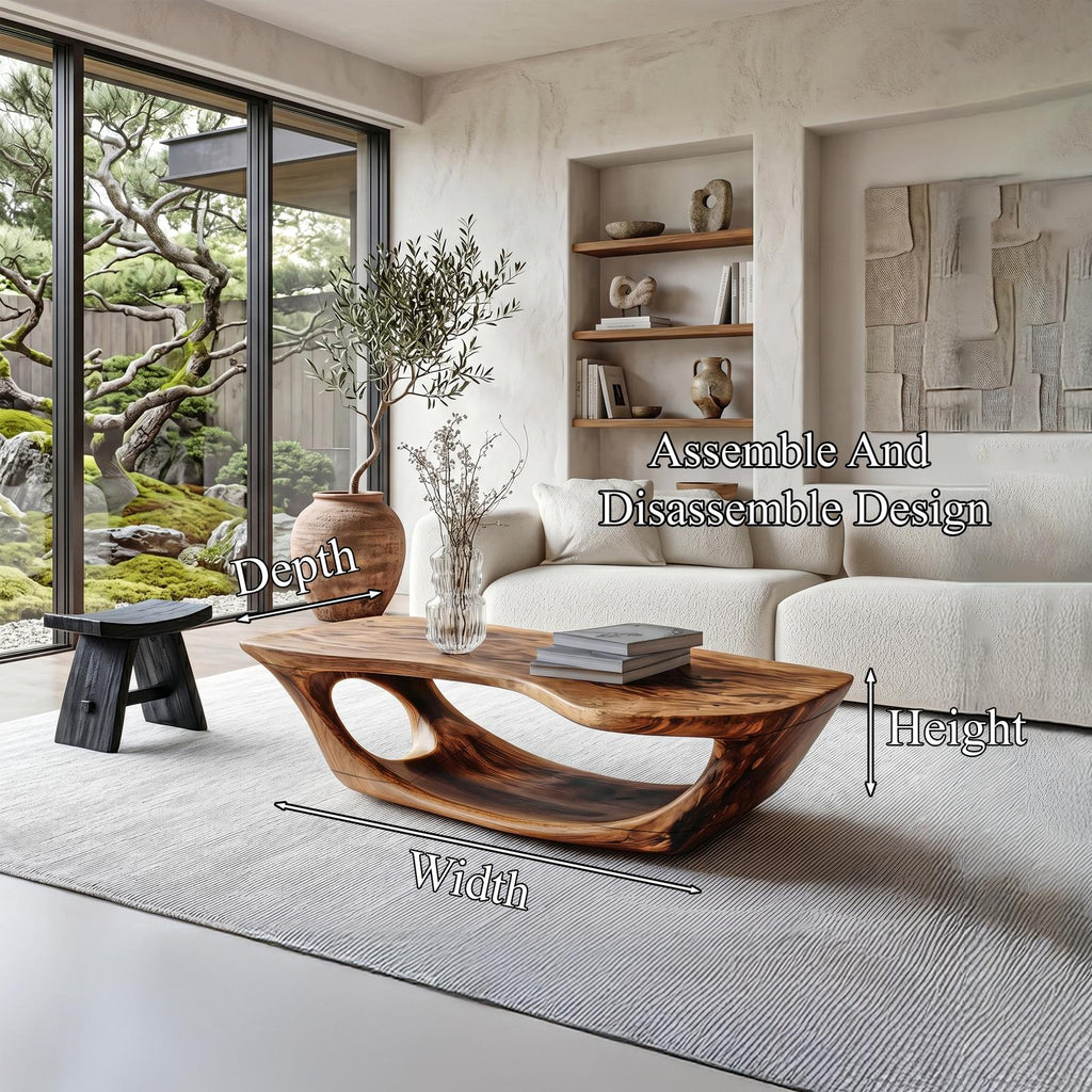 Wabi Sabi Solid Wood Coffee Table, Handcrafted Organic Wood Center Table for Rustic Living Room and Lounge