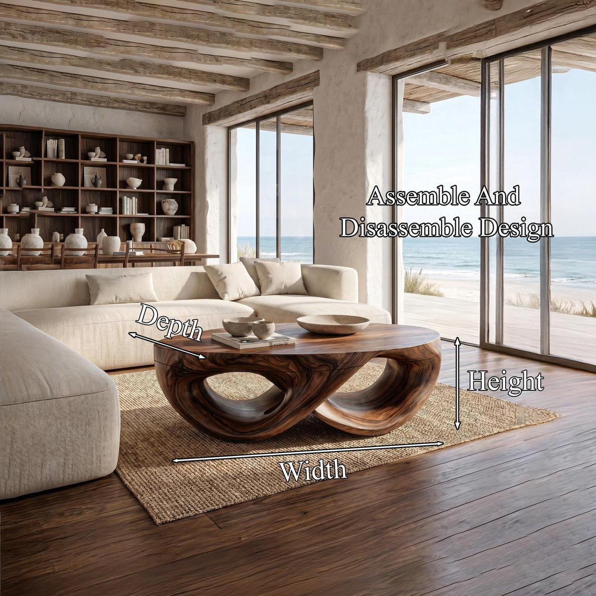 Organic Sculptural Solid Wood Coffee Table, Flowing Wood Center Table for Contemporary Living Room Lounge