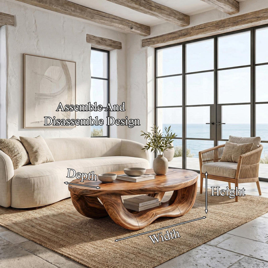 Modern Organic Coffee Table, Handcrafted Curved Solid Wood Center Table for Contemporary Living Room and Lounge