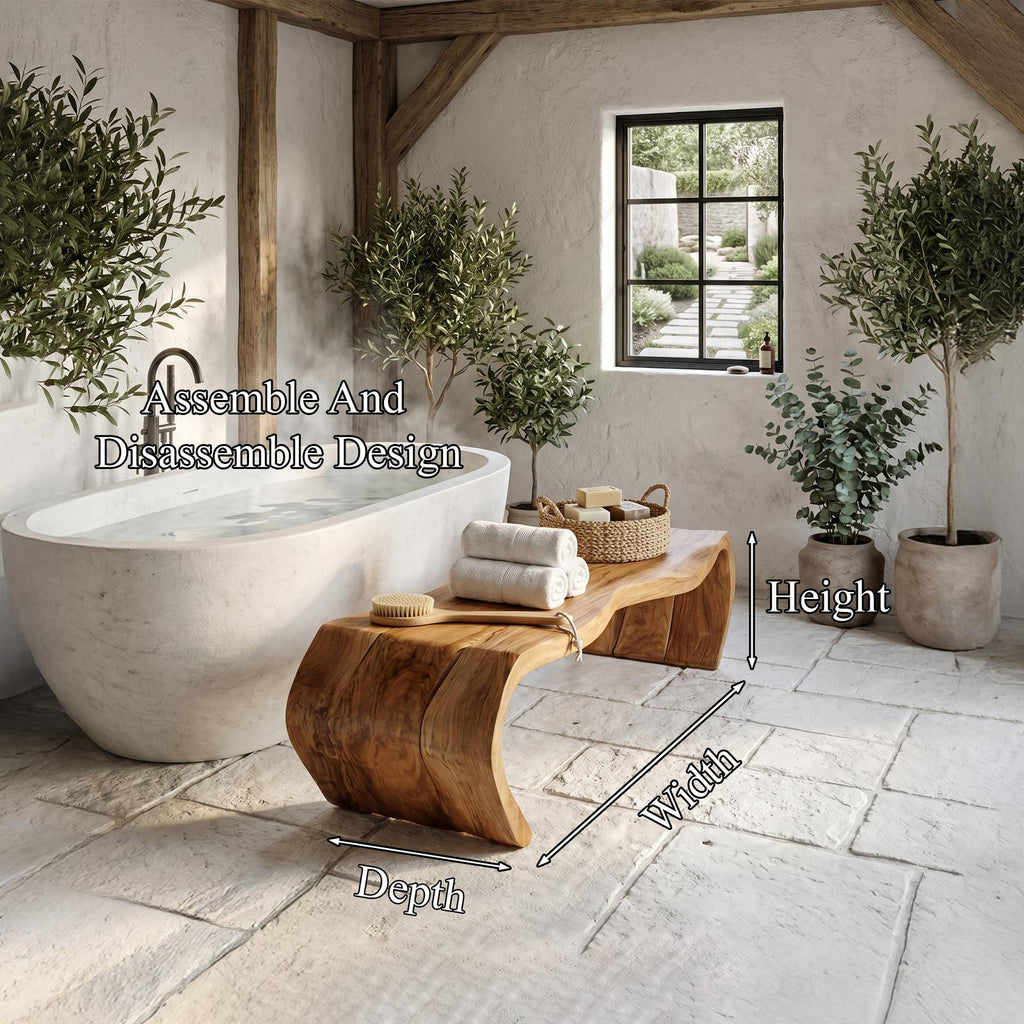 Handcrafted Solid Wood Shower Bench, Waterproof Spa Bath Seat Stool for Bathroom and Sauna, Natural Finish