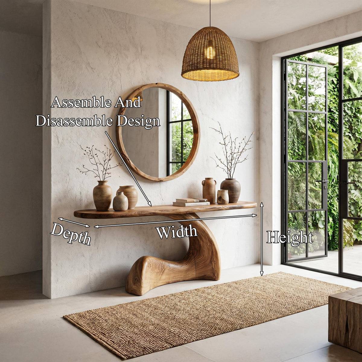 Organic Solid Wood Console Table with Sculptural Curved Base, Modern Entryway Sofa Table for Living Room