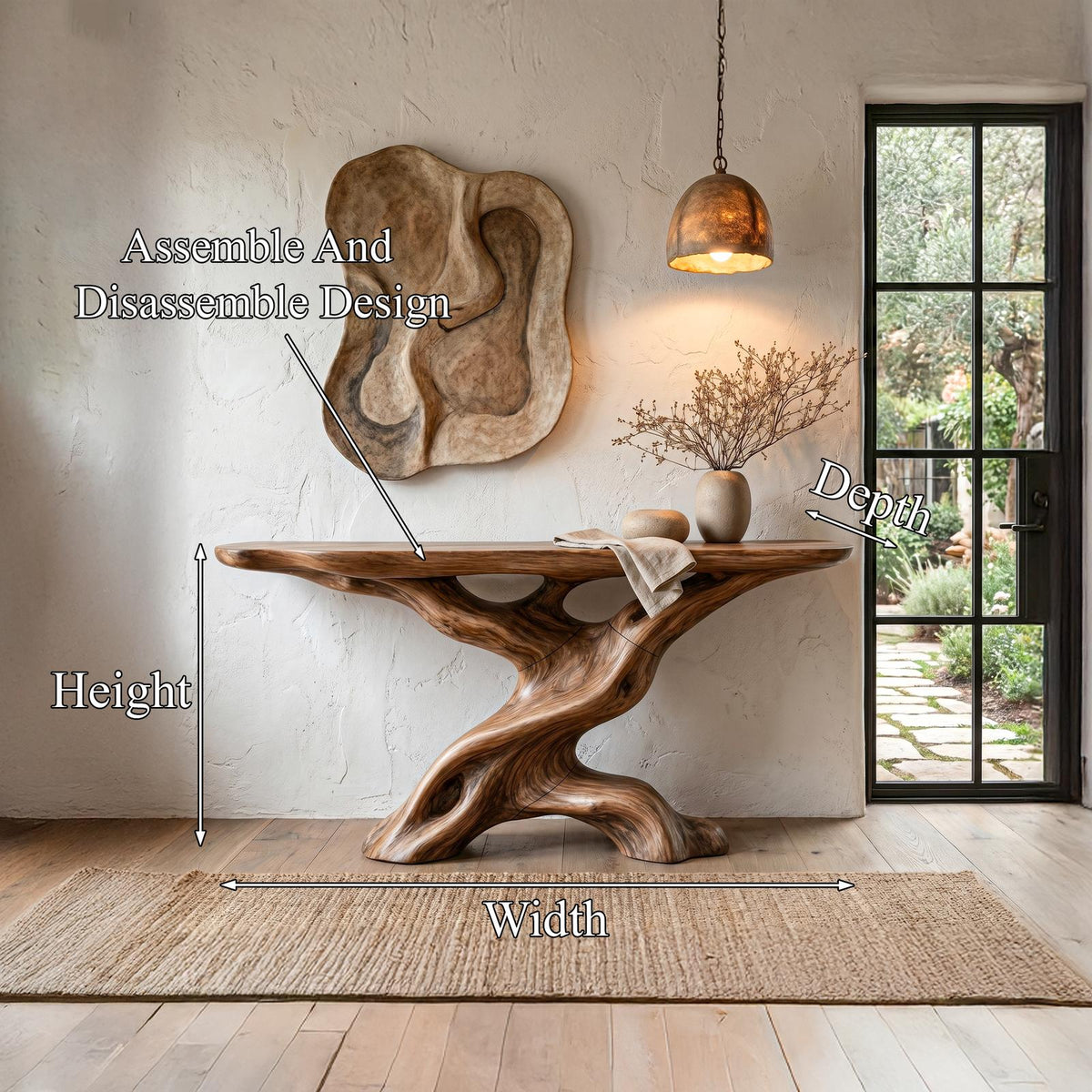 Live Edge Console Table with Sculptural Wood Base, Solid Wood Sofa Accent Table for Living Room