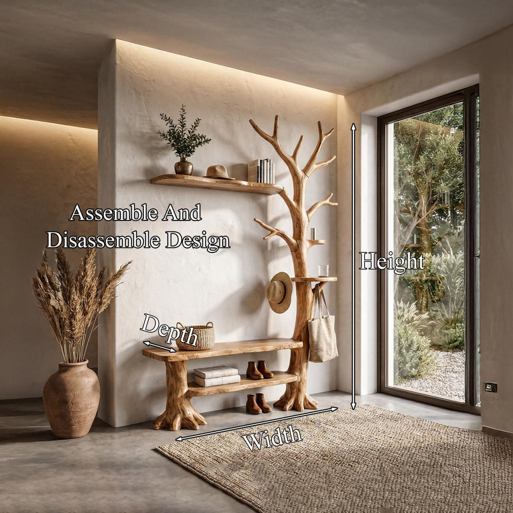 Rustic Tree Coat Rack with Integrated Bench and Floating Shelves, Wood Entryway Hall Tree