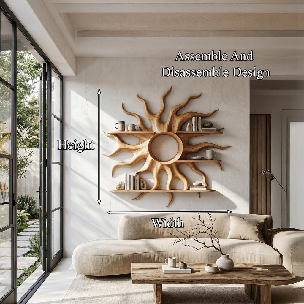 Sculptural Sun Wall Shelf, Floating Wooden Display Rack & Sunburst Wall Art Decor
