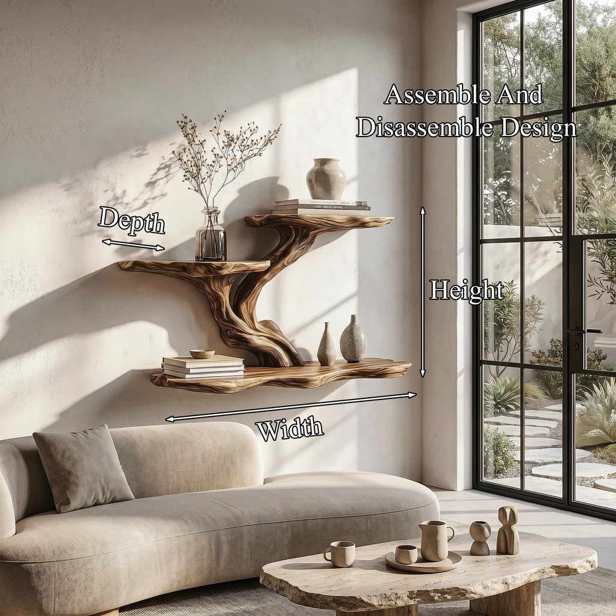 Organic Tree Branch Floating Shelf, Sculptural Wall Storage Solid Wood Ledge