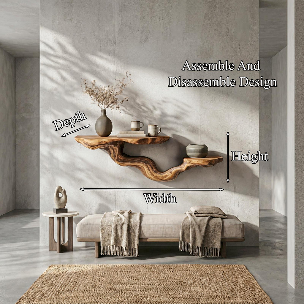 Rustic Floating Shelf with Sculptural Tree Branch Form, Wall Mounted Wood Organizer