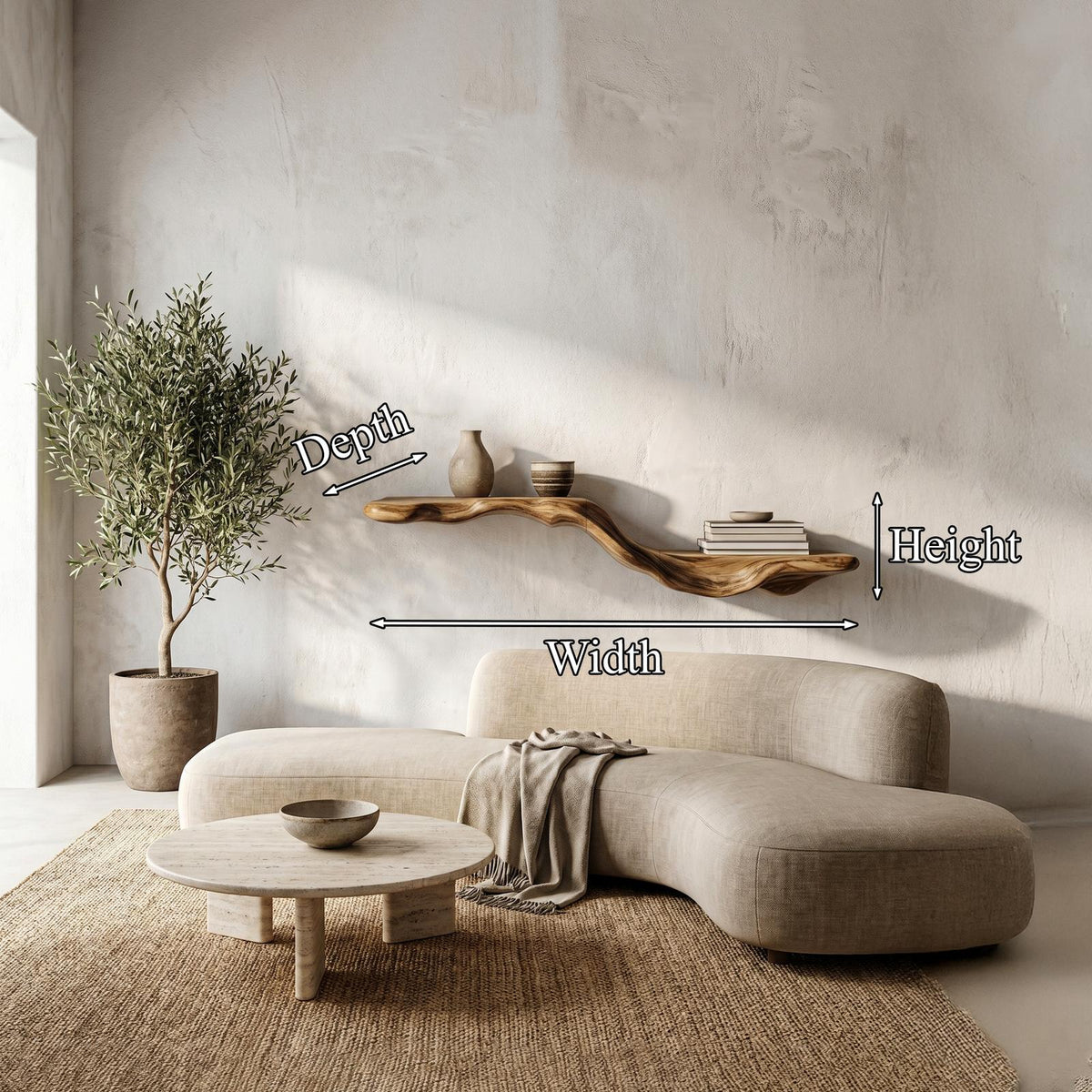 Organic Floating Shelf with Flowing Tree Branch Design, Wall Mounted Wood Display Shelf