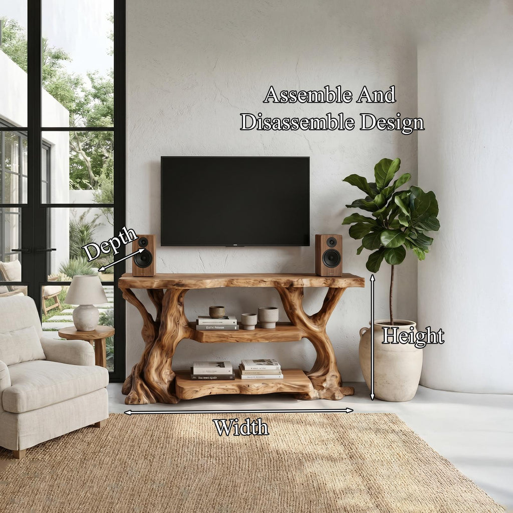 Rustic TV Stand with Natural Wood Sculptural Frame, Solid Wood Media Console Table