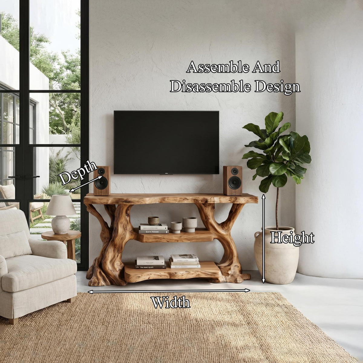 Rustic TV Stand with Natural Wood Sculptural Frame, Solid Wood Media Console Table