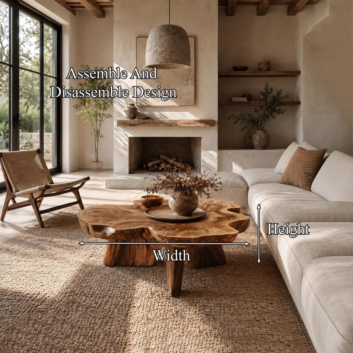 Organic Coffee Table with Sculptural Solid Wood Base, Modern Rustic Center Table for Living Room