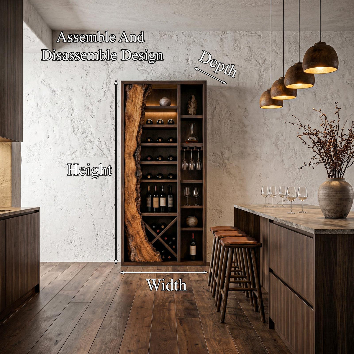 Rustic Wood Wine Cabinet, Live Edge Inlay & Built-In Bottle Storage Bar Credenza for Dining Room