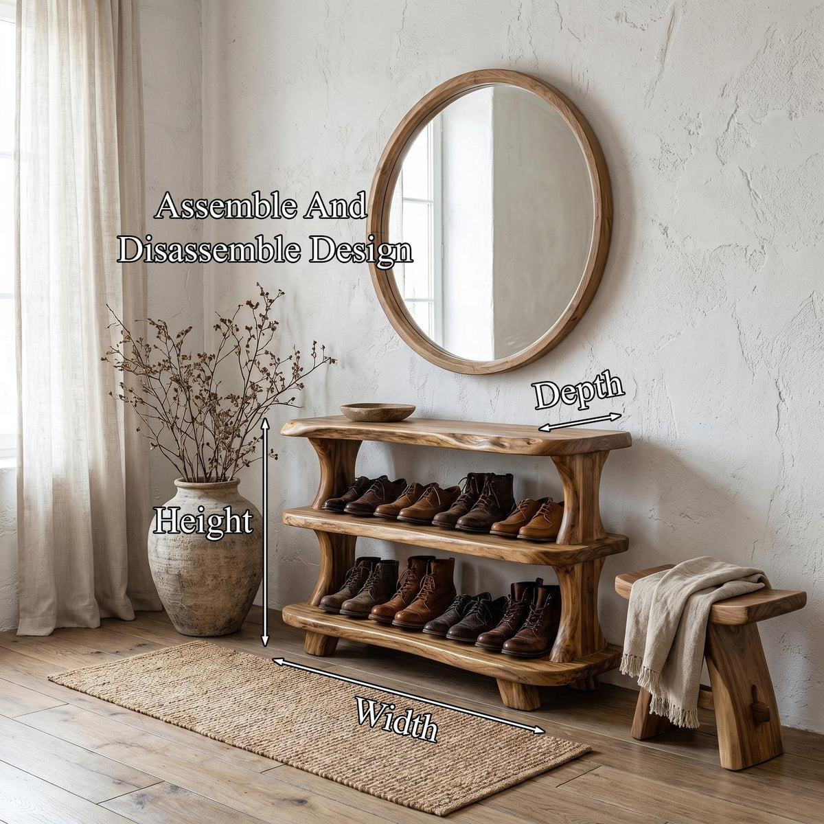 Modern Wooden Shoe Rack, Sculptural Entryway Organizer Closet Cabinet with Shelves