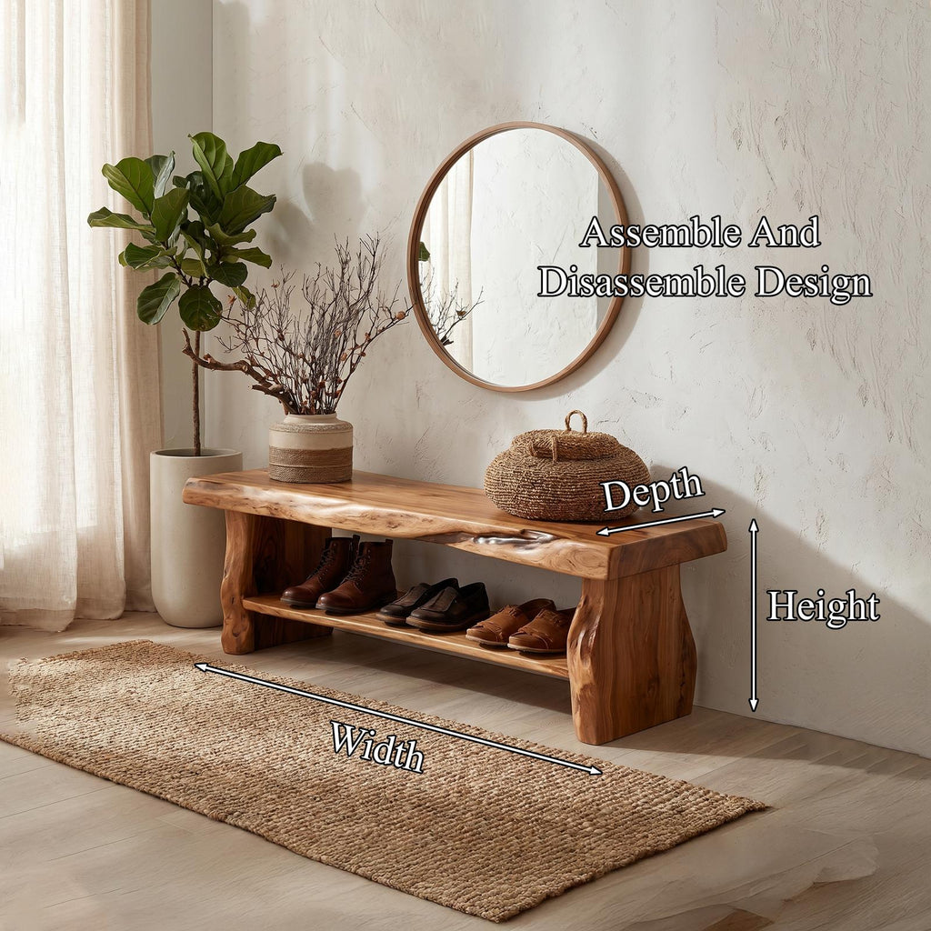 Rustic Solid Wood Shoe Bench, Natural Entryway Shoe Organizer Rack & Seat with Storage