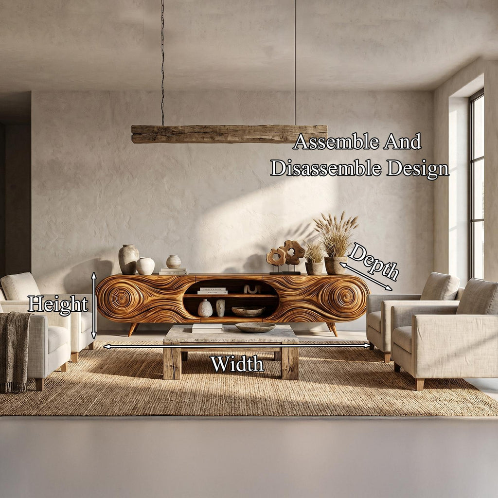 Organic Modern TV Cabinet, Handcrafted Sculptural Wood Grain Media Console Board with Storage for Living Room, Model