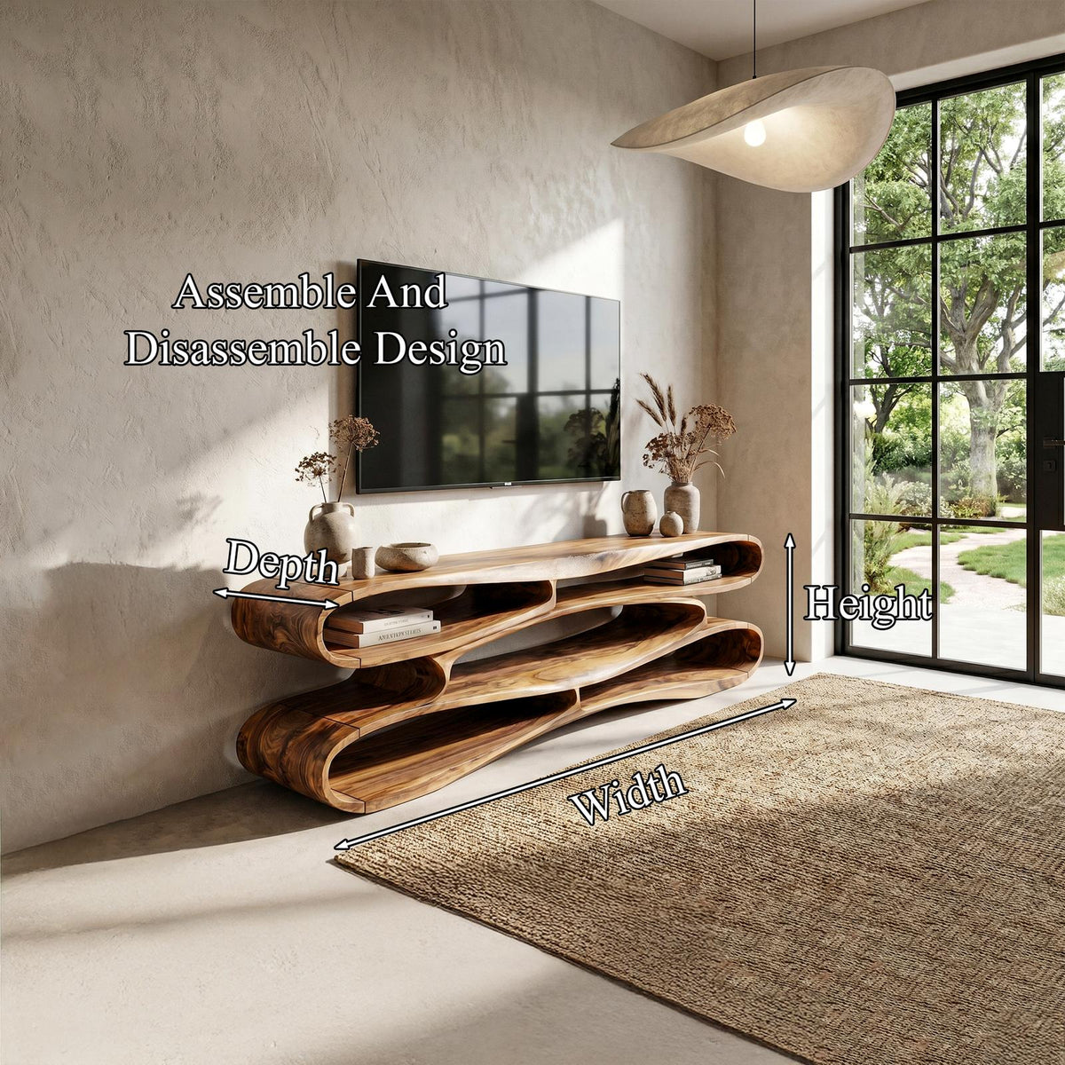 Sculptural Solid Wood TV Cabinet, Handcrafted Nature-Inspired Floating Media Console for Living Room TV Stand, Model