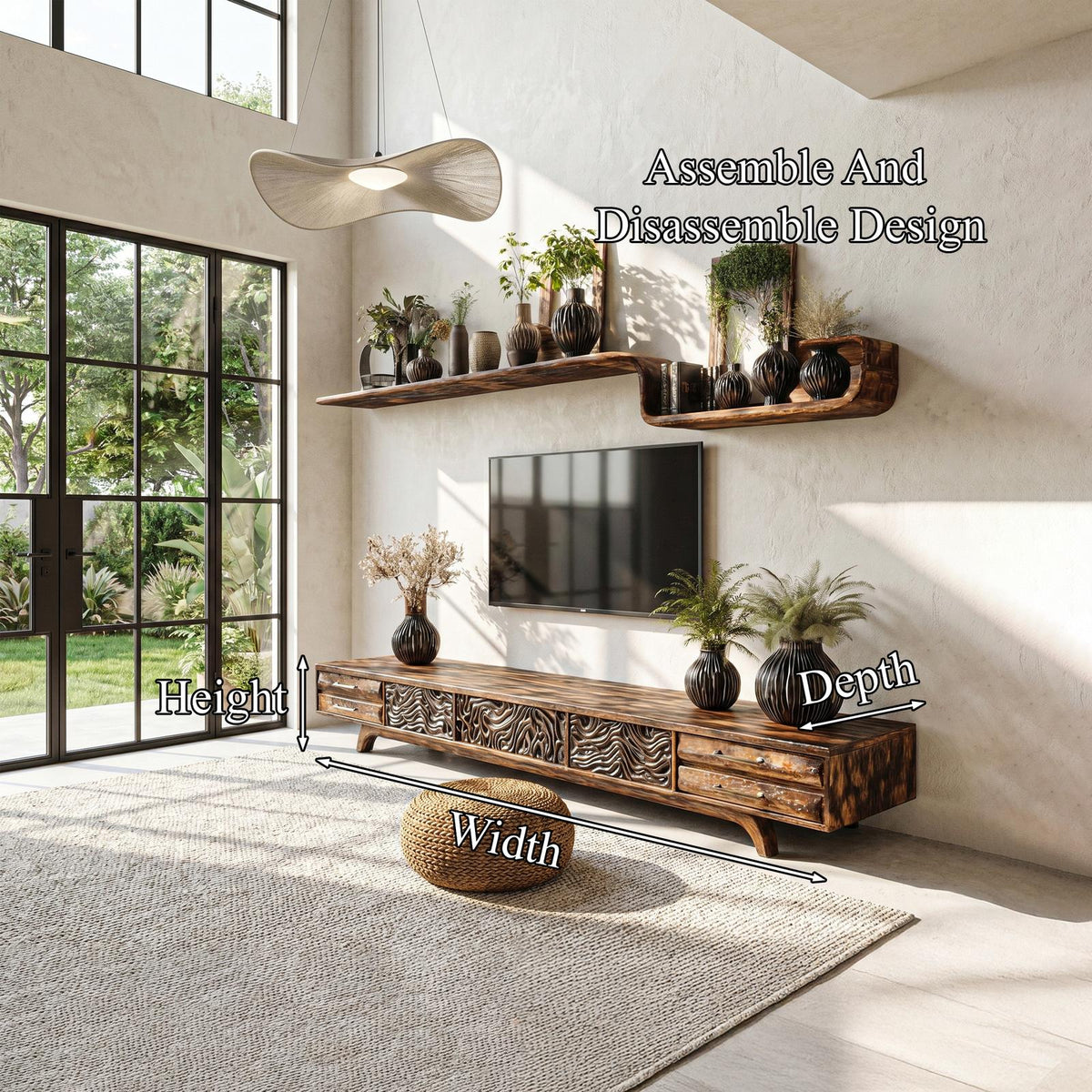 Rustic Solid Wood TV Cabinet, Handcrafted Nature-Inspired Branch Shape Media Console Table for Living Room, Model