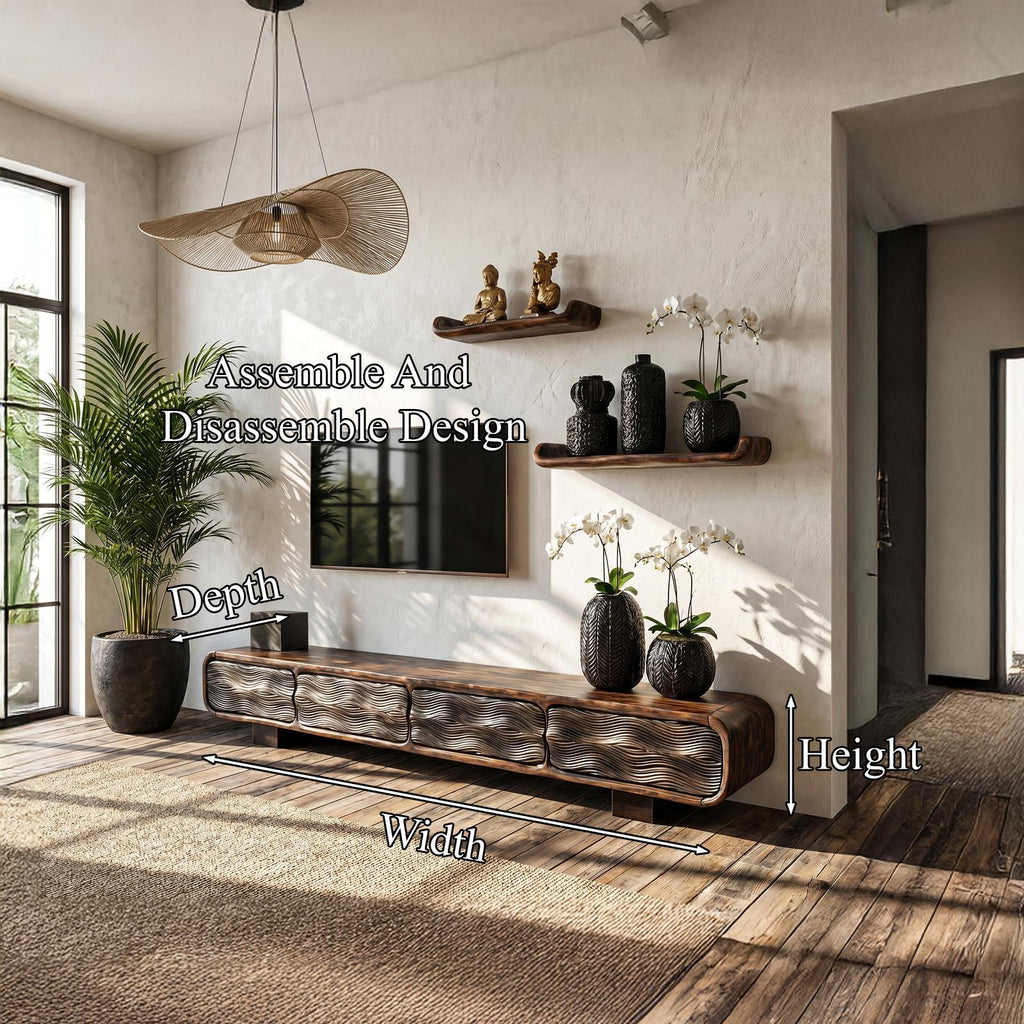 Rustic Solid Wood TV Cabinet, Handcrafted Log Style Media Console Board with Storage for Living Room, Model