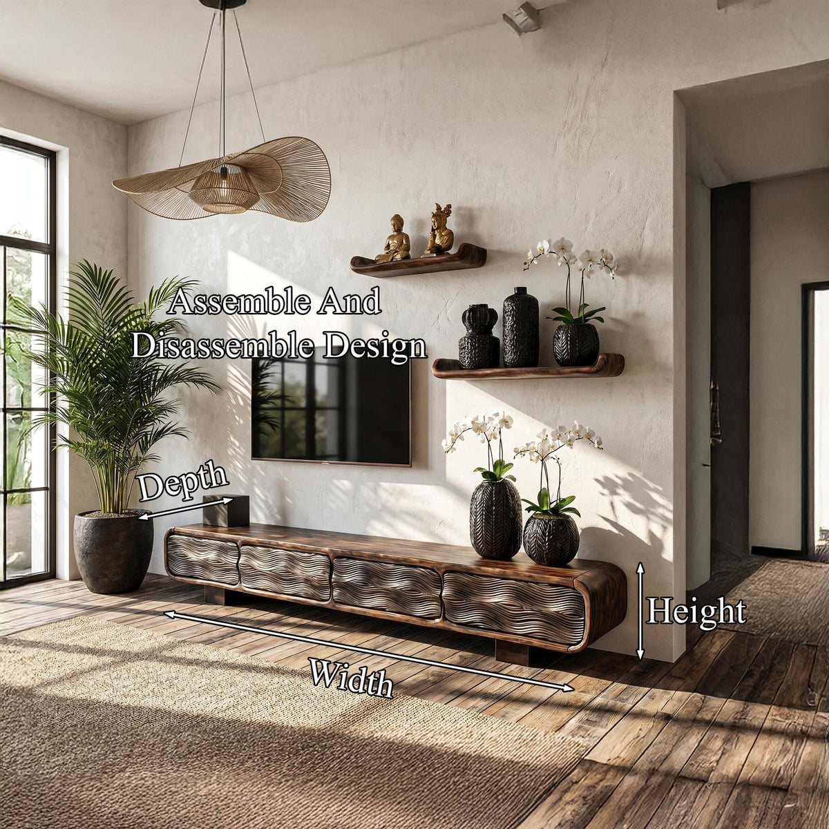 Rustic Solid Wood TV Cabinet, Handcrafted Log Style Media Console Board with Storage for Living Room, Model
