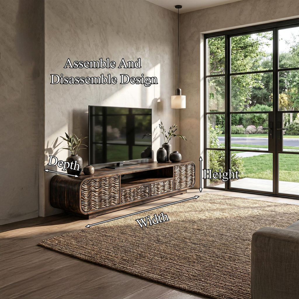 Modern Solid Wood Entertainment Center, Handcrafted Organic Wave Shaped TV Console for Living Room, Model