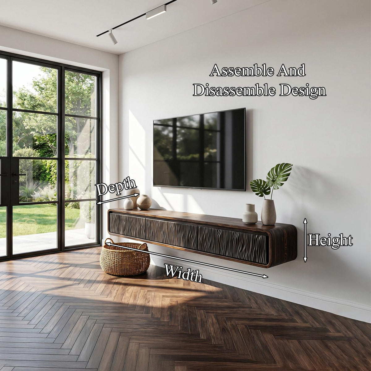 Organic Modern Wall Mounted TV Cabinet, Handcrafted Solid Wood Floating Media Console Entertainment Center, Model