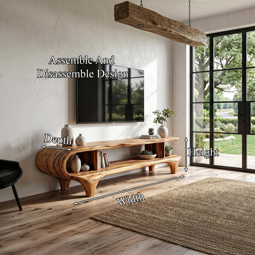 Contemporary Wooden TV Cabinet, Handcrafted Organic Curved Frame Media Console for Living Room TV Stand, Model