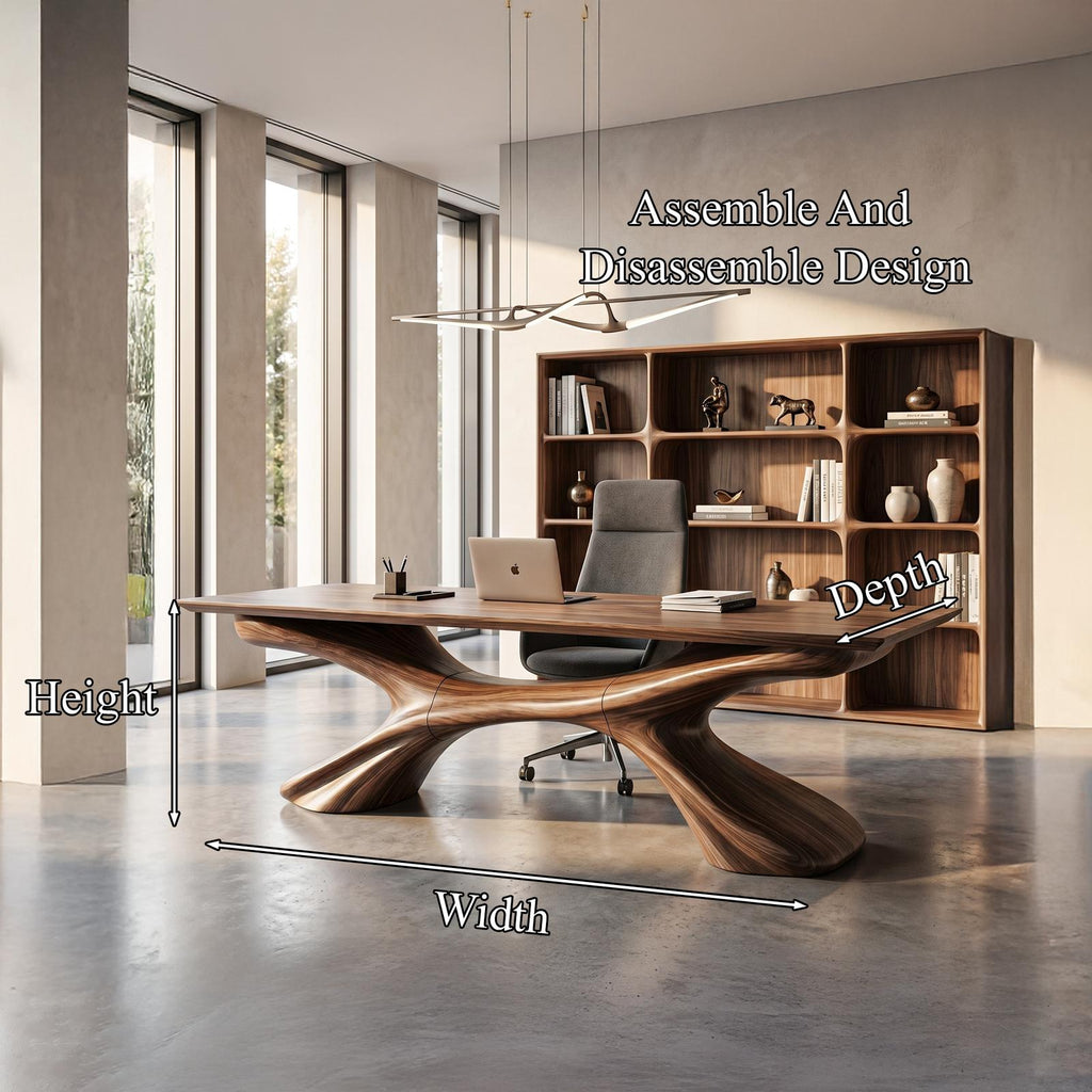 Modern Executive Desk, Handcrafted Sculptural Solid Wood Home Office Computer Writing Workstation Table, Model